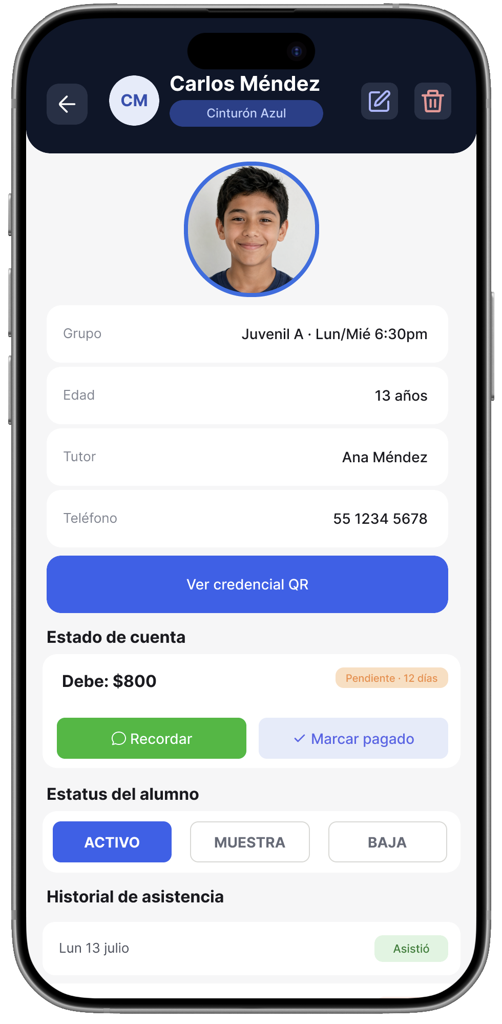Detalle de alumno Carlos Méndez