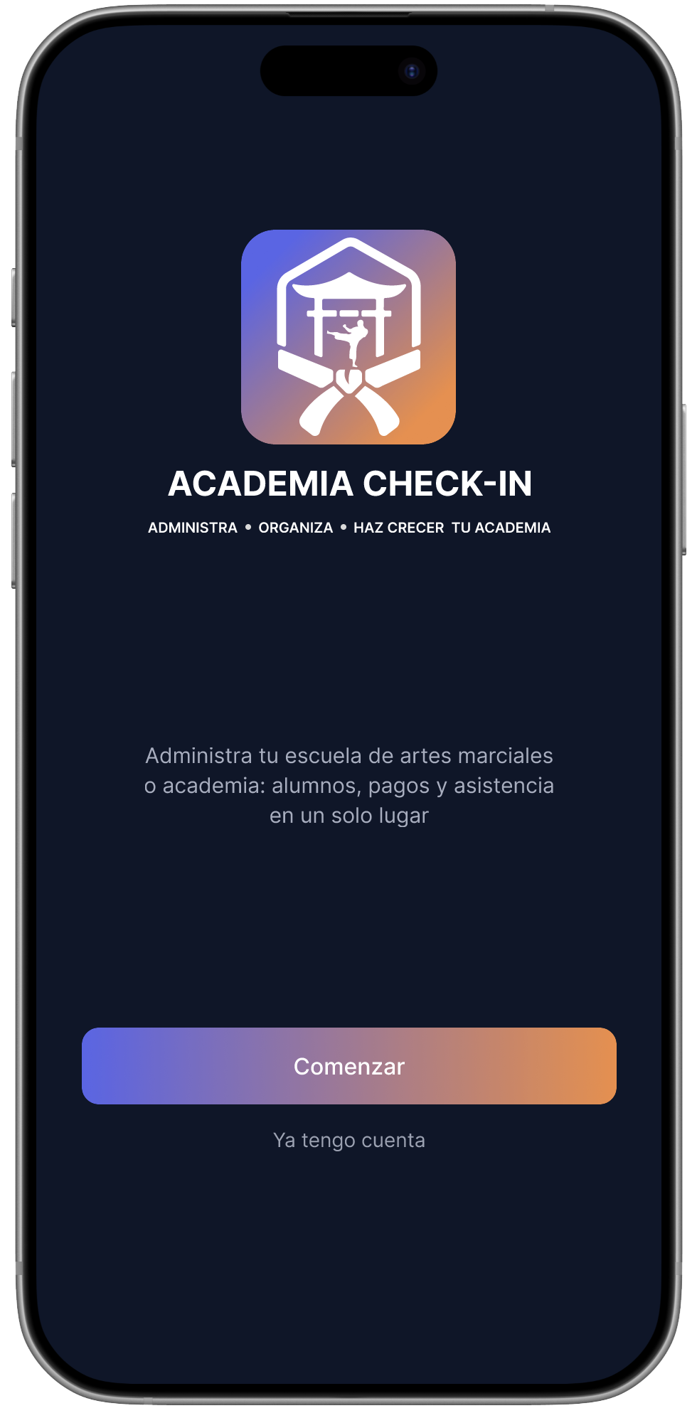 Pantalla de inicio Academia Check-in