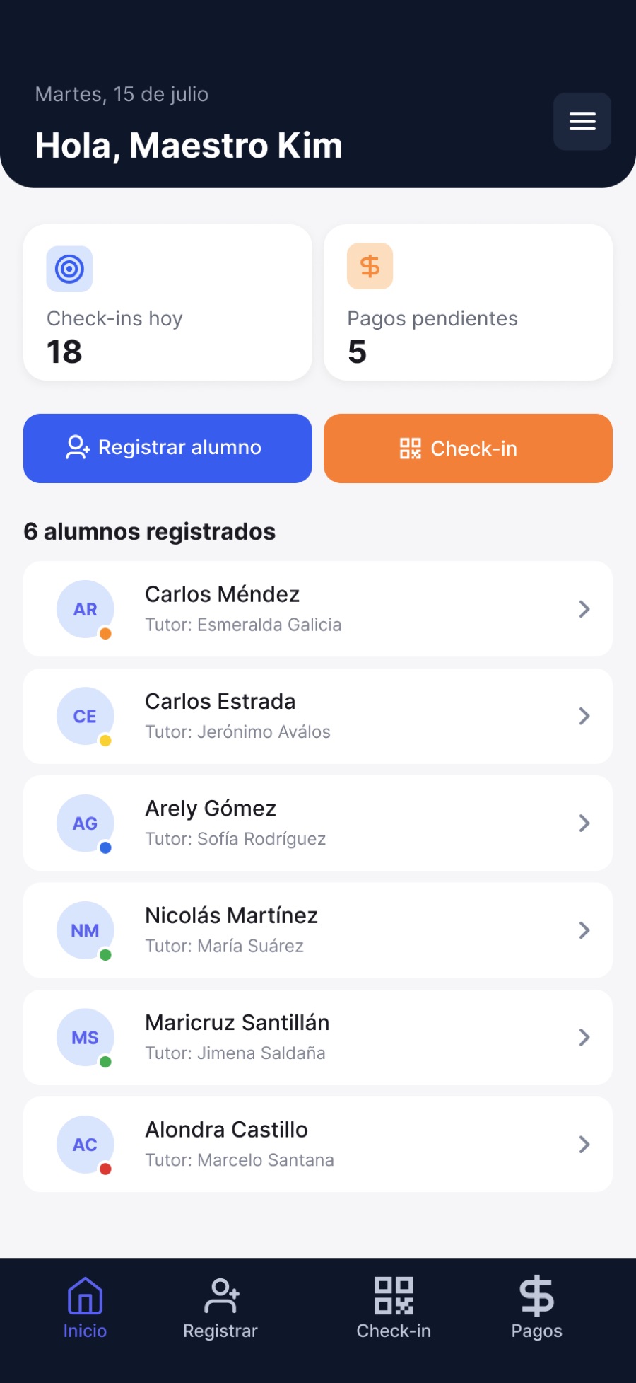 Dashboard de Academia Check-in mostrando check-ins del día, pagos pendientes y la lista de alumnos registrados