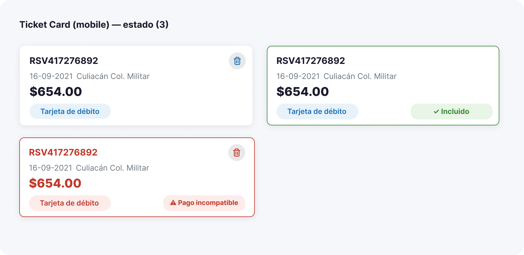Variantes del componente Ticket Card