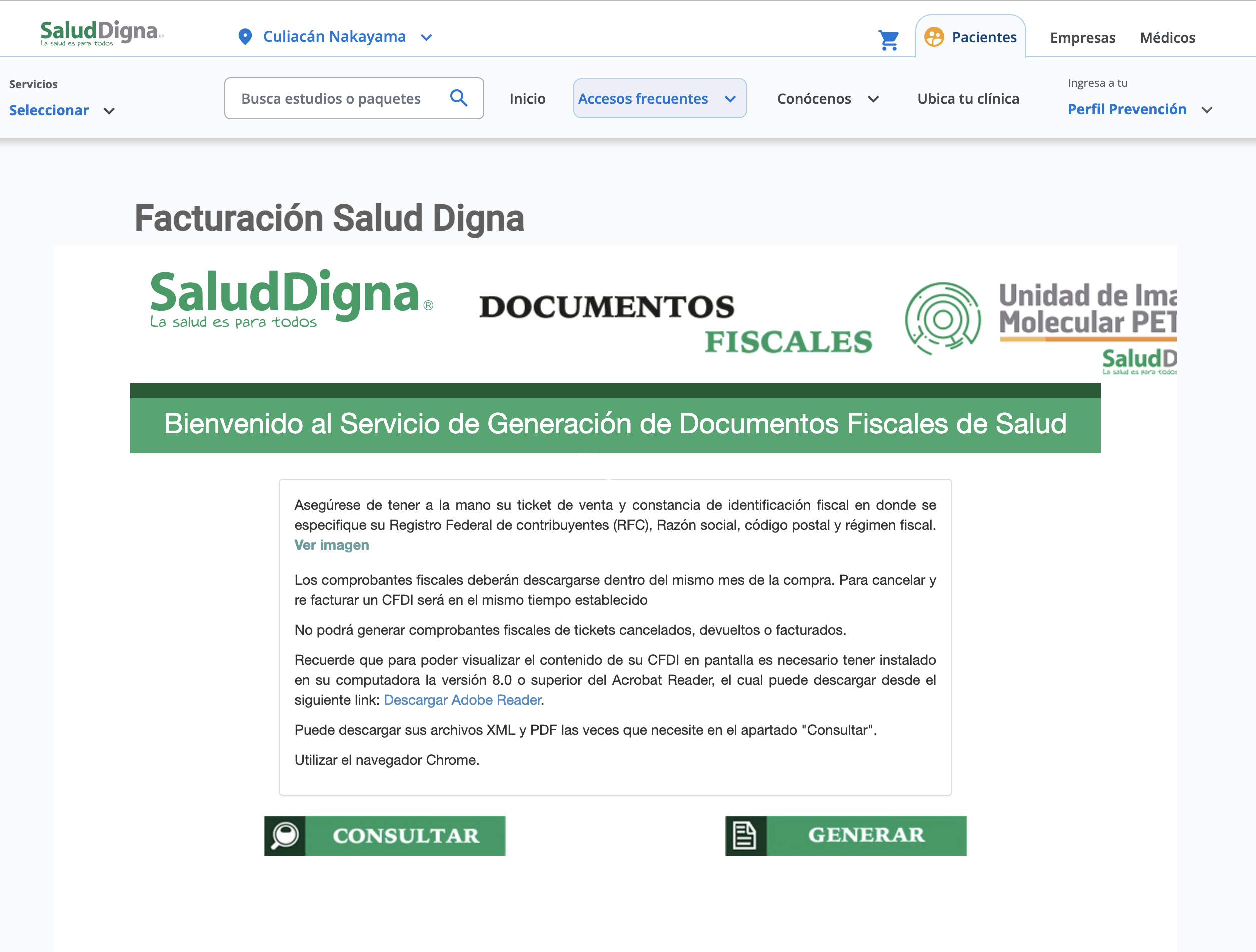 Pantalla de bienvenida del portal de facturación original de Salud Digna, con un bloque denso de instrucciones técnicas antes de los botones Consultar y Generar