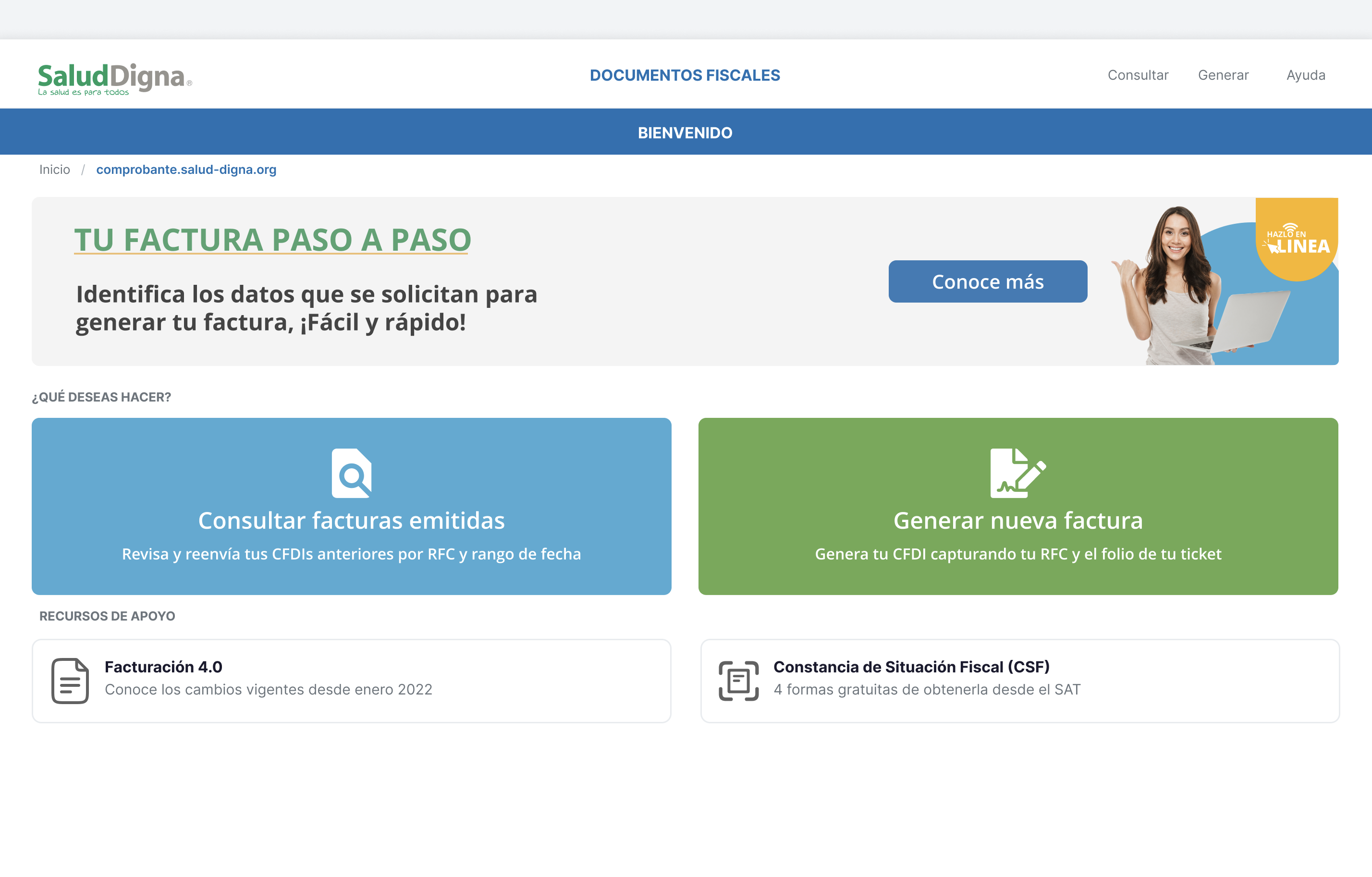 Home rediseñado con bifurcación clara entre Consultar y Generar
