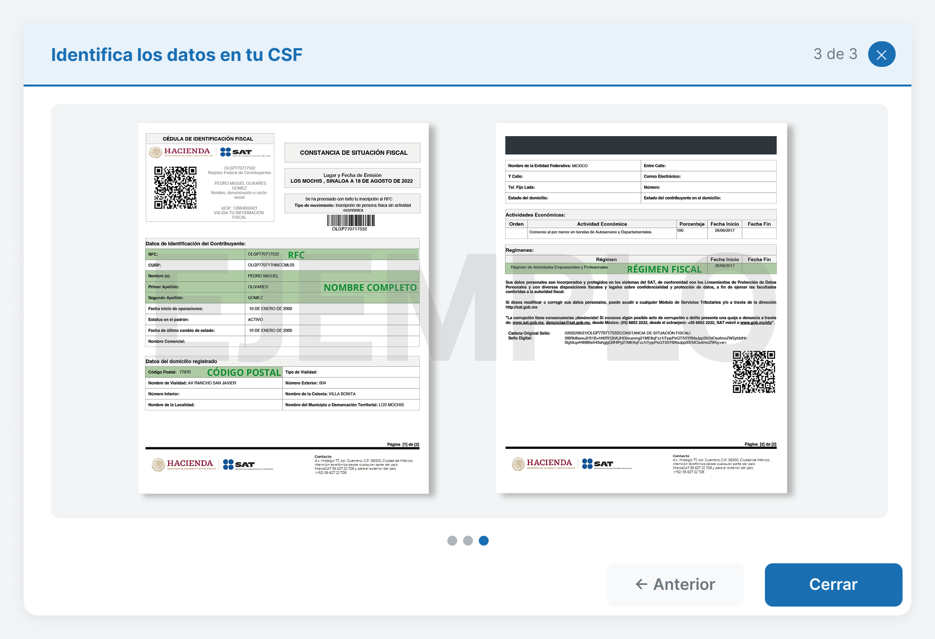 Modal 3: documento de la Constancia de Situación Fiscal con cada dato resaltado