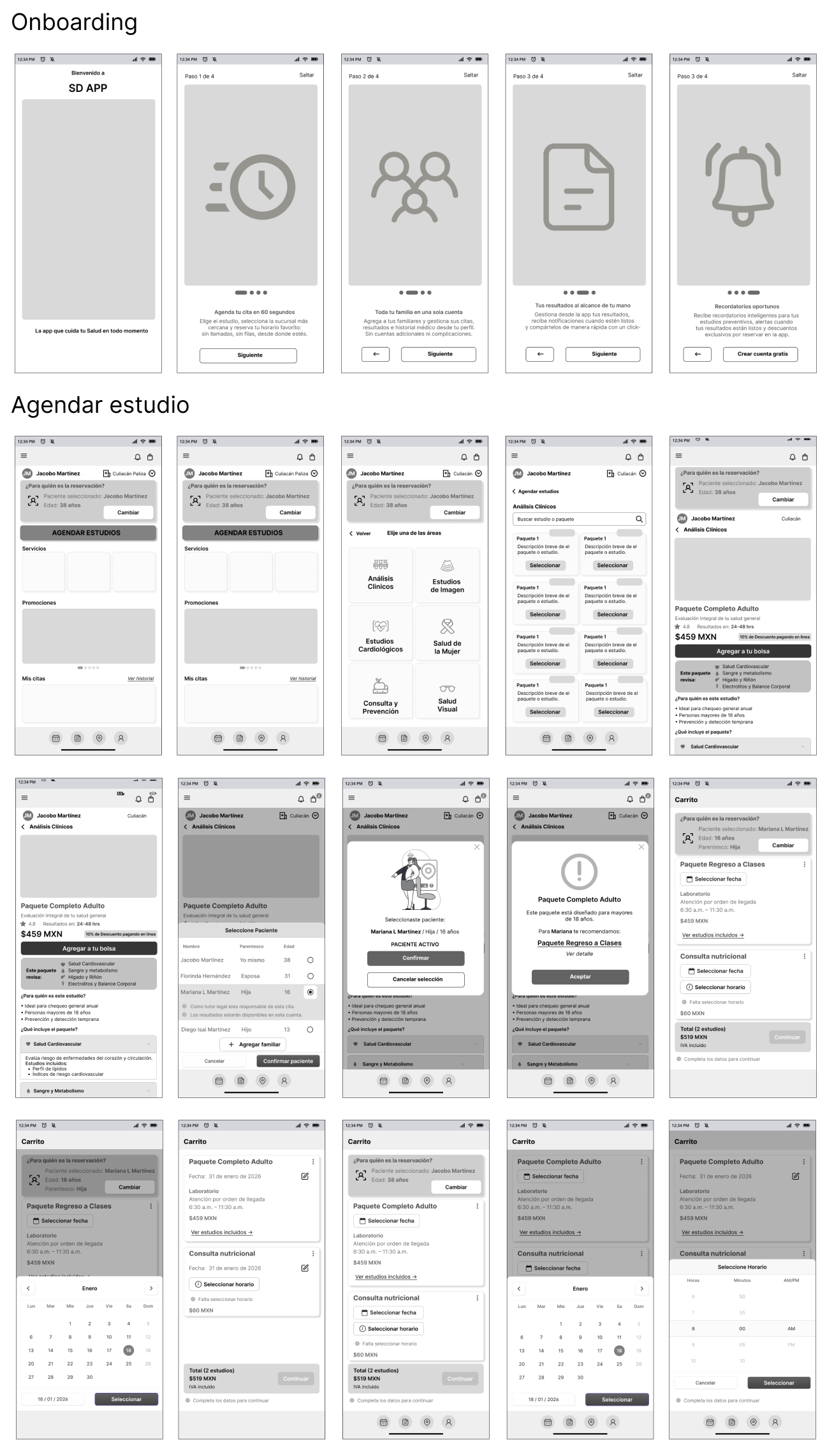 Prototipo de fidelidad media SD App — componentes y jerarquía